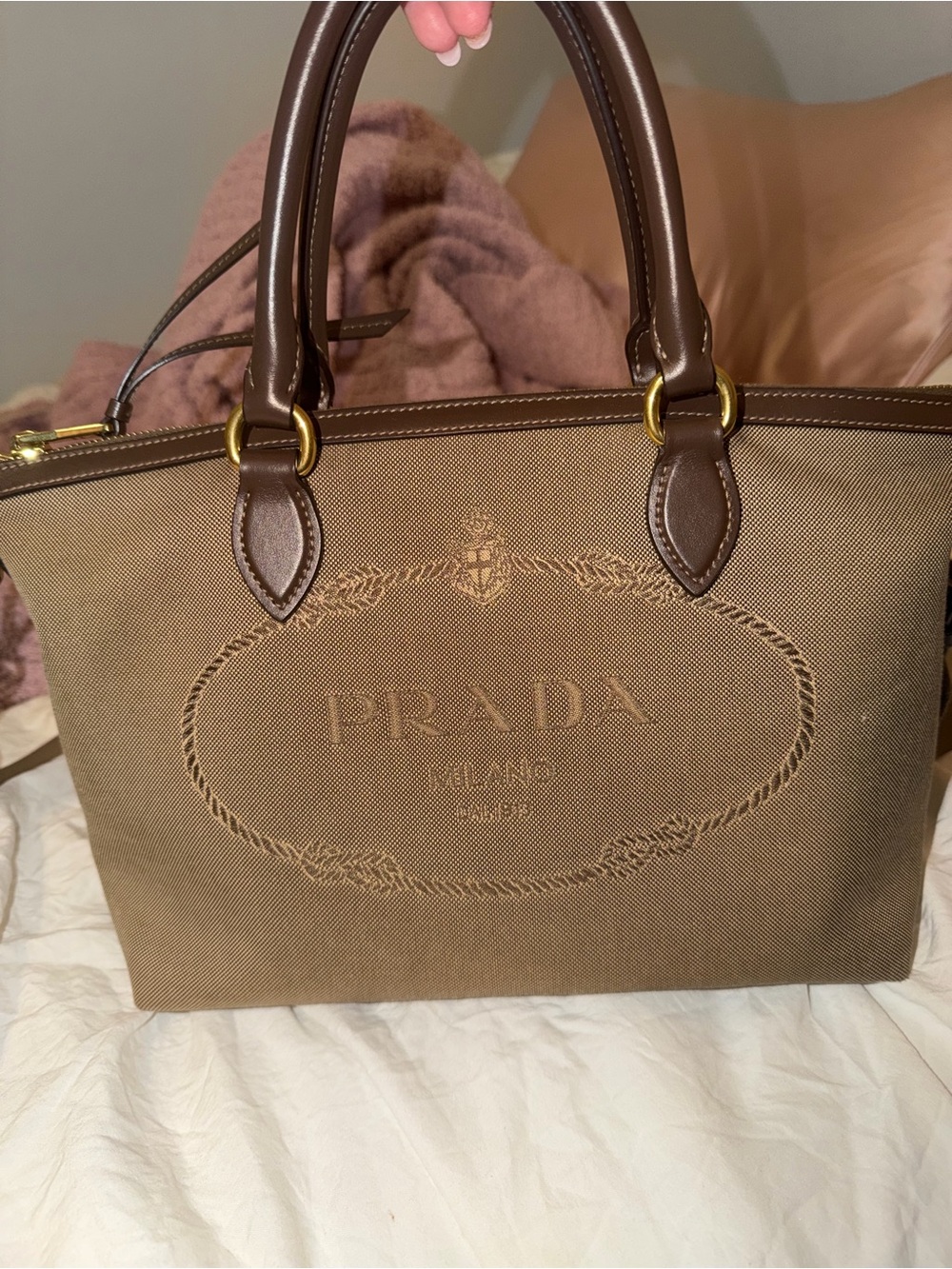 Prada Brown Canvas Tote with Dark Brown Leather Handles